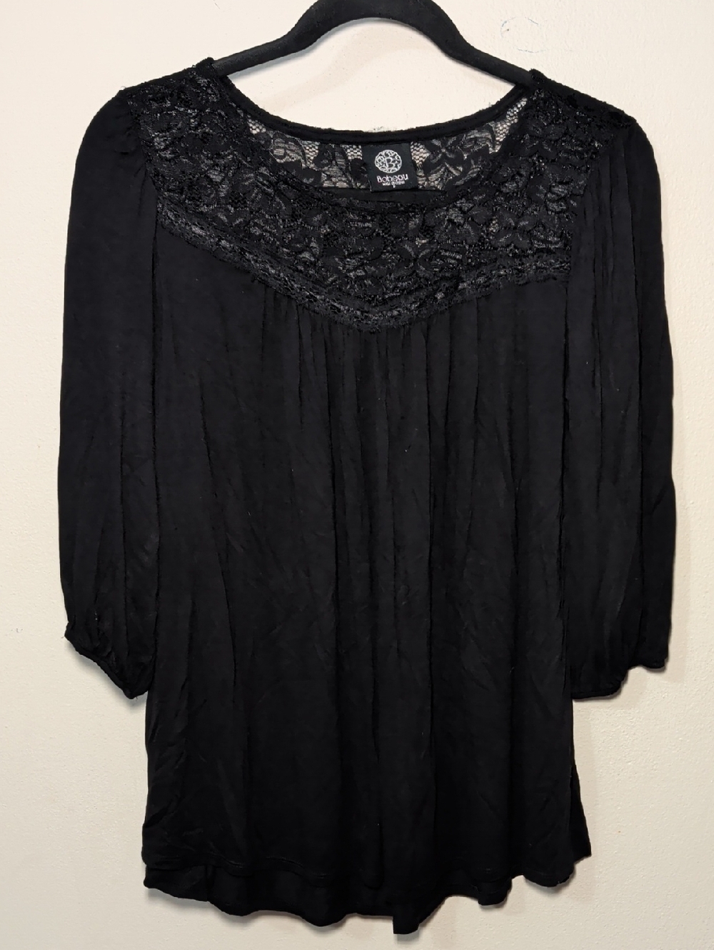 Bobeau Black Lace Yoke Women's Blouse Flowy 3/4 Sleeve Boho Stretch Goth Size S